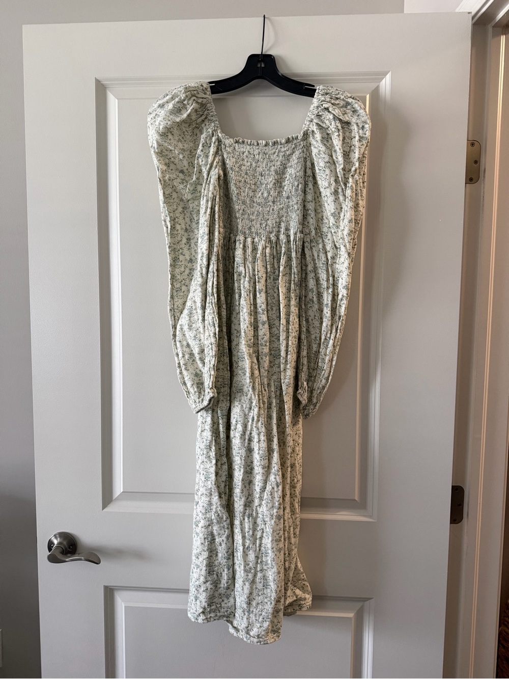 Smocked Square-Neck Maxi Dress in Pale Green Floral